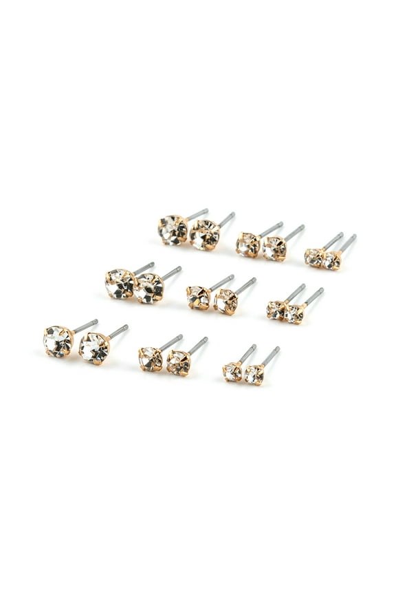 Women's Gold Graduated Crystal Stud Earrings Set, Post Back, 9 Pack, 03074