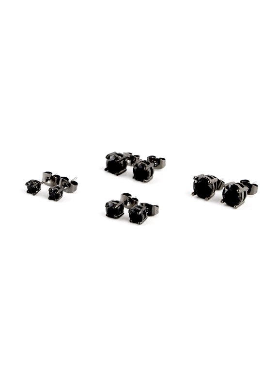 Women's Graduated Round Jet Cubic Zirconia Stud Earrings Set, Post Back, 4 Pack, 74096