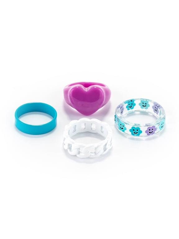 Women's Heart Daisy Resin Rings Set, Ring Size 8/9, Large/Extra Large, 4 Pack, 70253