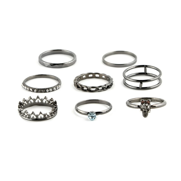 Claire's Women's Hematite Crown Rings Set, 6/7, 8 Pack, Great Gift, 73673