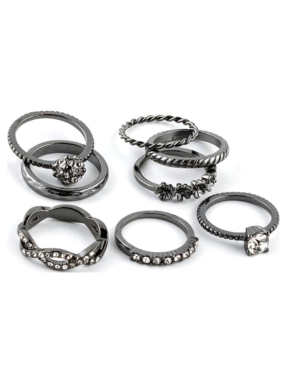 Women's Hematite Forever Glam Ring Set, Ring Size 6/7, Small/Medium, 8 Pack, 07085