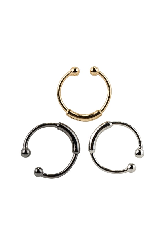 Women's Mixed Metal Barred Faux Hoop Nose Rings, Cuff Closure, 3 Pack, 36055