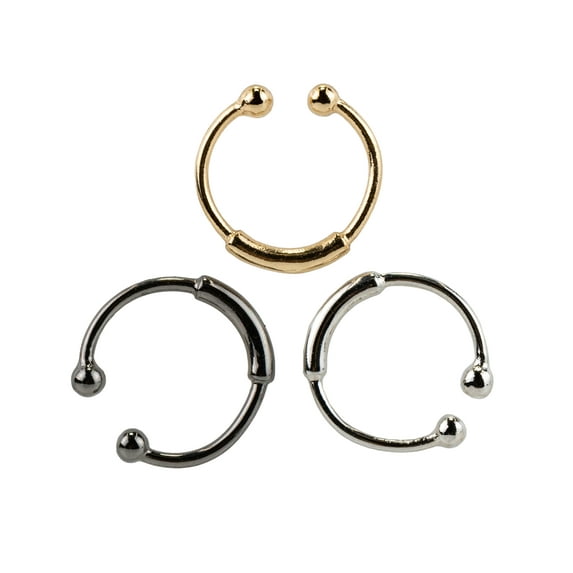 Claire's Women's Mixed Metal Barred Faux Hoop Nose Rings, Cuff Closure, 3 Pack, 36055