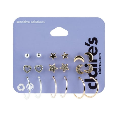 Claire's Women's Mixed Metal Celestial Earrings Set, Post Back, 9 Pack, 03082 Crystal