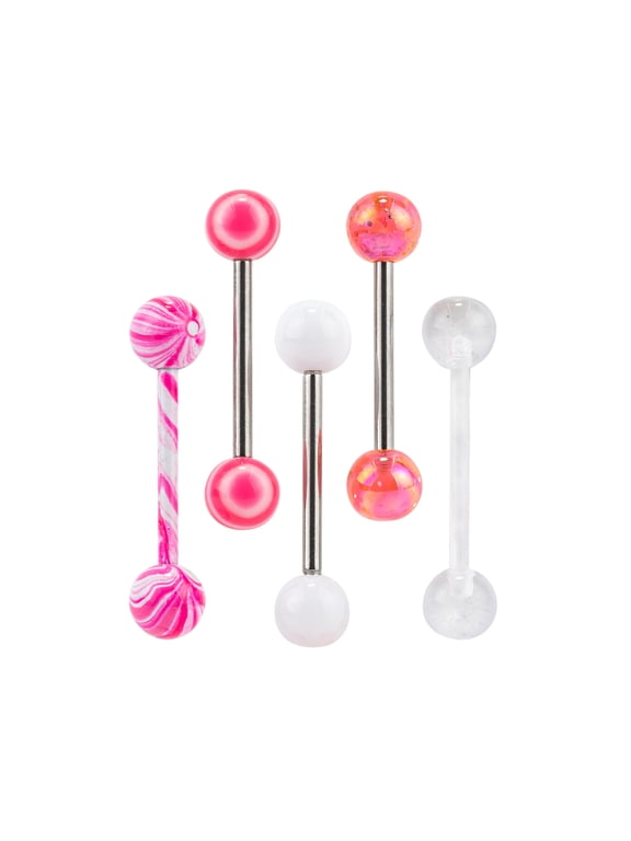 Women's Pretty Pink Swirl Tongue Rings, 14G/1.63mm, Stainless Steel, 5 Pack, 35291