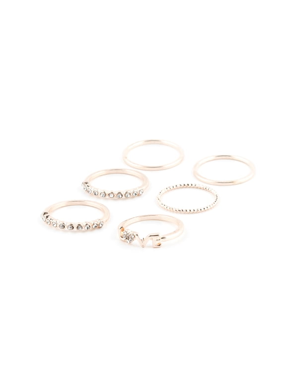 Women's Rose Gold Love Rings, Assorted Set, Size 7, 6 Pack, 06897