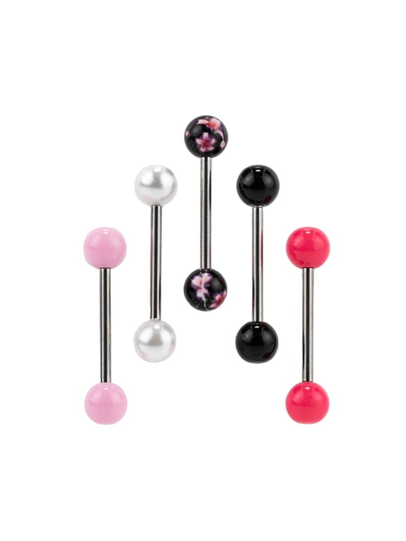 Women's Silver 14G Flower Pearl Tongue Rings, Stainless Steel, 5 Pack