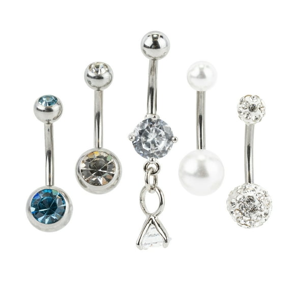 Claire's Teen or Adult Woman Silver Gemstone Cubic Zirconia Bling Belly Rings, 14G/1.63mm, Stainless Steel, 5 Pack