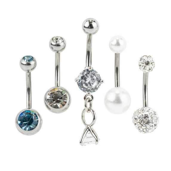 Claire's Teen or Adult Woman Silver Gemstone Cubic Zirconia Bling Belly Rings, 14G/1.63mm, Stainless Steel, 5 Pack