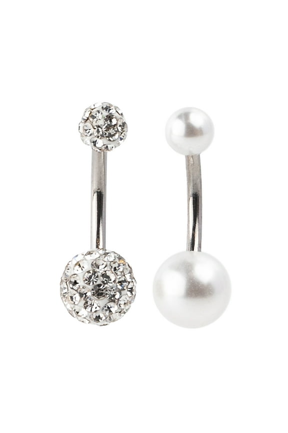 Women's Silver Pearl Fireball Belly Rings, Stainless Steel, 2 Pack, 35393