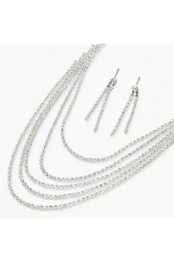 Women's Silver Rhinestone Flapper Fringe Jewelry Set, 3 Pieces