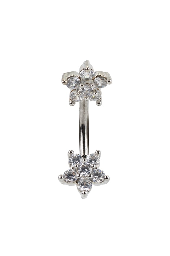 Women's Silver Stainless Steel 14G Double Flower Crystal Belly Ring, 1 Pack, 35372
