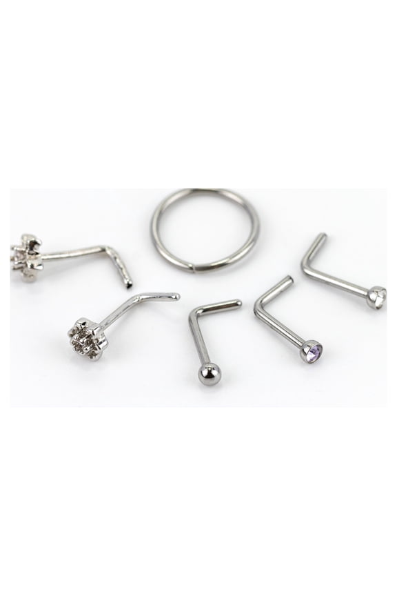 Women's Silver Star Mixed Nose Rings, Stainless Steel, 6 Pack, 93667