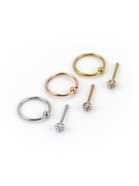 Women's Stainless Steel 20G Star Stud and Hoop Nose Rings, Bar Closure, 6 Pack, 94546