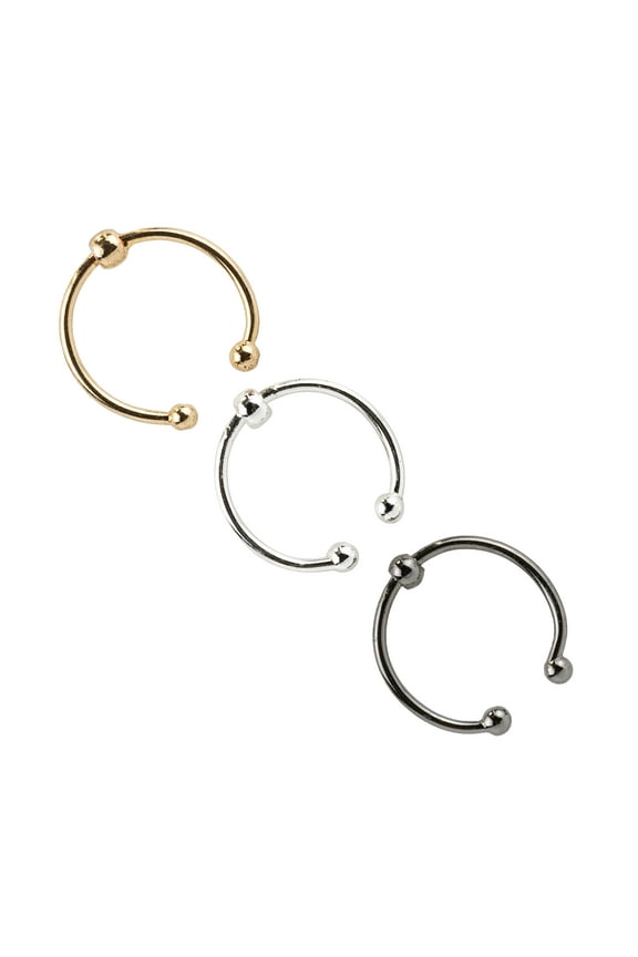 Women's Stainless Steel Beaded Faux Hoop Nose Rings, Adjustable Cuff Closure, 3 Pack, 69092