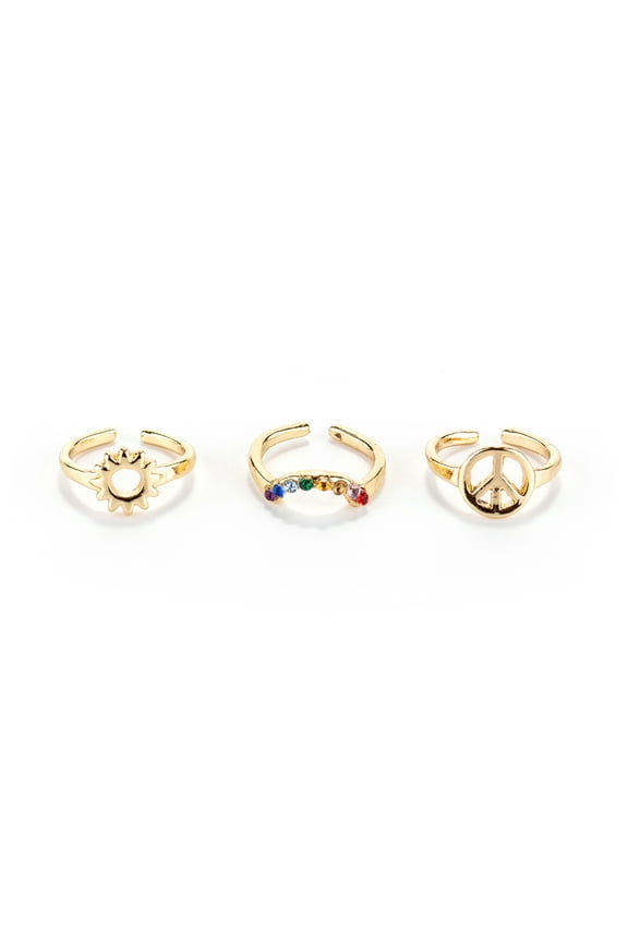 Gold Sun, Peace Sign, and Rainbow Toe Rings Set, Adjustable Band, 3-Pack