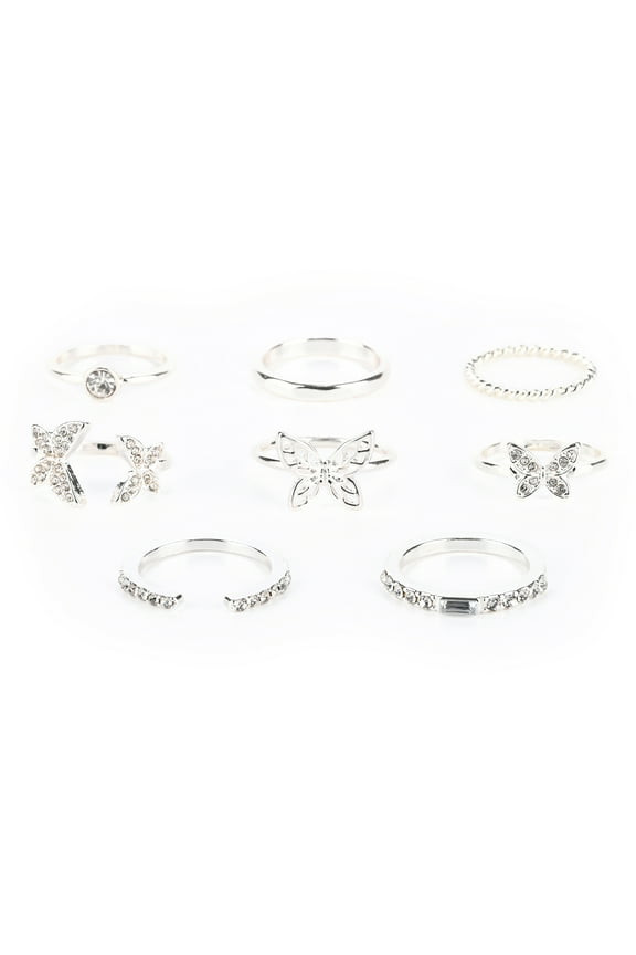 Claires Teen Girls Silver Butterfly Rings Set, 6/7, 8 Pieces, Great Gift, 38121