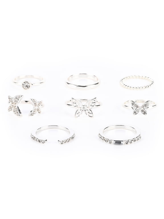 Claires Teen Girls Silver Butterfly Rings Set, 6/7, 8 Pieces, Great Gift, 38121