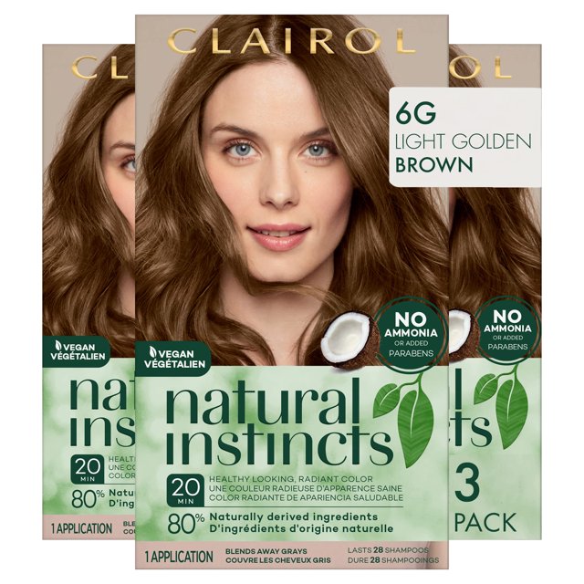 Clairol Natural Instincts DemiPermanent Hair Dye, 6G Light Golden Brown Hair Color, Pack of 3