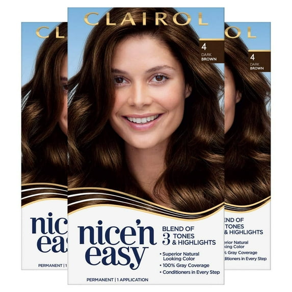 Clairol Nice 'n Easy Permanent Hair Color, 4 Dark Brown, 3 pack