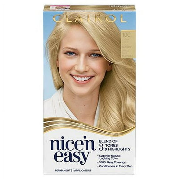 Clairol Nice'n Easy Permanent Hair Color Cream, 10C Extra Light Cool Blonde, Hair Dye, 1 Application