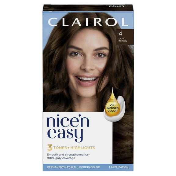 Clairol Nice'n Easy Permanent Hair Color Cream, 4 Dark Brown, Hair Dye, 1 Application
