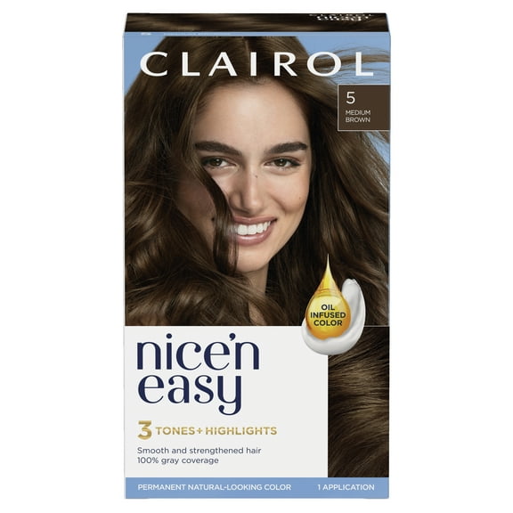 Clairol Nice'n Easy Permanent Hair Color Cream, 5 Medium Brown, Hair Dye, 1 Application