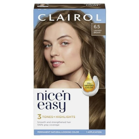 Clairol Nice'n Easy Permanent Hair Color Cream, 6.5 Lightest Brown, Hair Dye, 1 Application