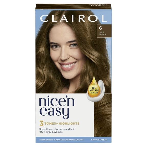 Clairol Nice'n Easy Permanent Hair Color Cream, 6 Light Brown, Hair Dye, 1 Application