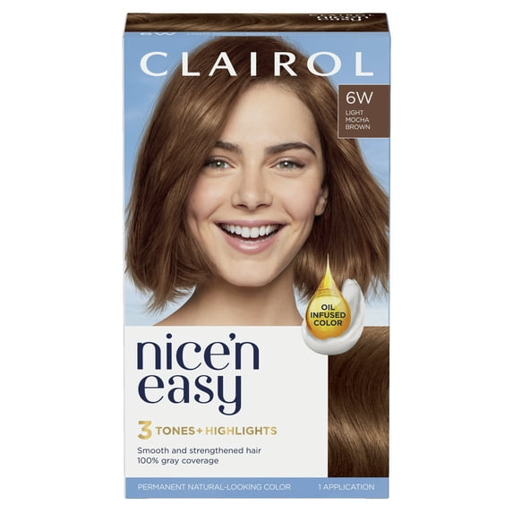 Clairol Nice'n Easy Permanent Hair Color Cream, 6W Light Mocha Brown, Hair Dye, 1 Application