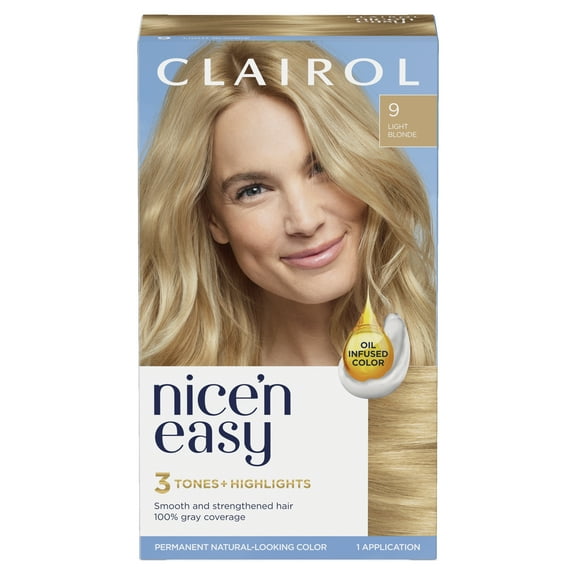 Clairol Nice'n Easy Permanent Hair Color Cream, 9 Light Blonde, Hair Dye, 1 Application