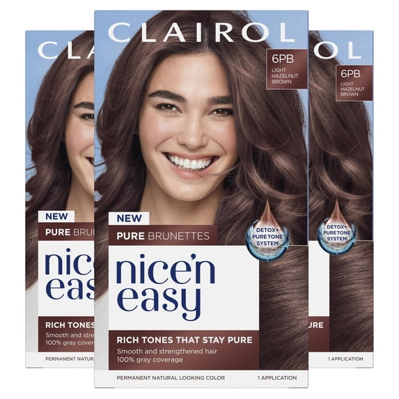 Clairol Nice'n Easy Pure Brunettes Permanent Hair Color Creme, 6PB Light Hazelnut Brown, Hair Dye, 1 Application