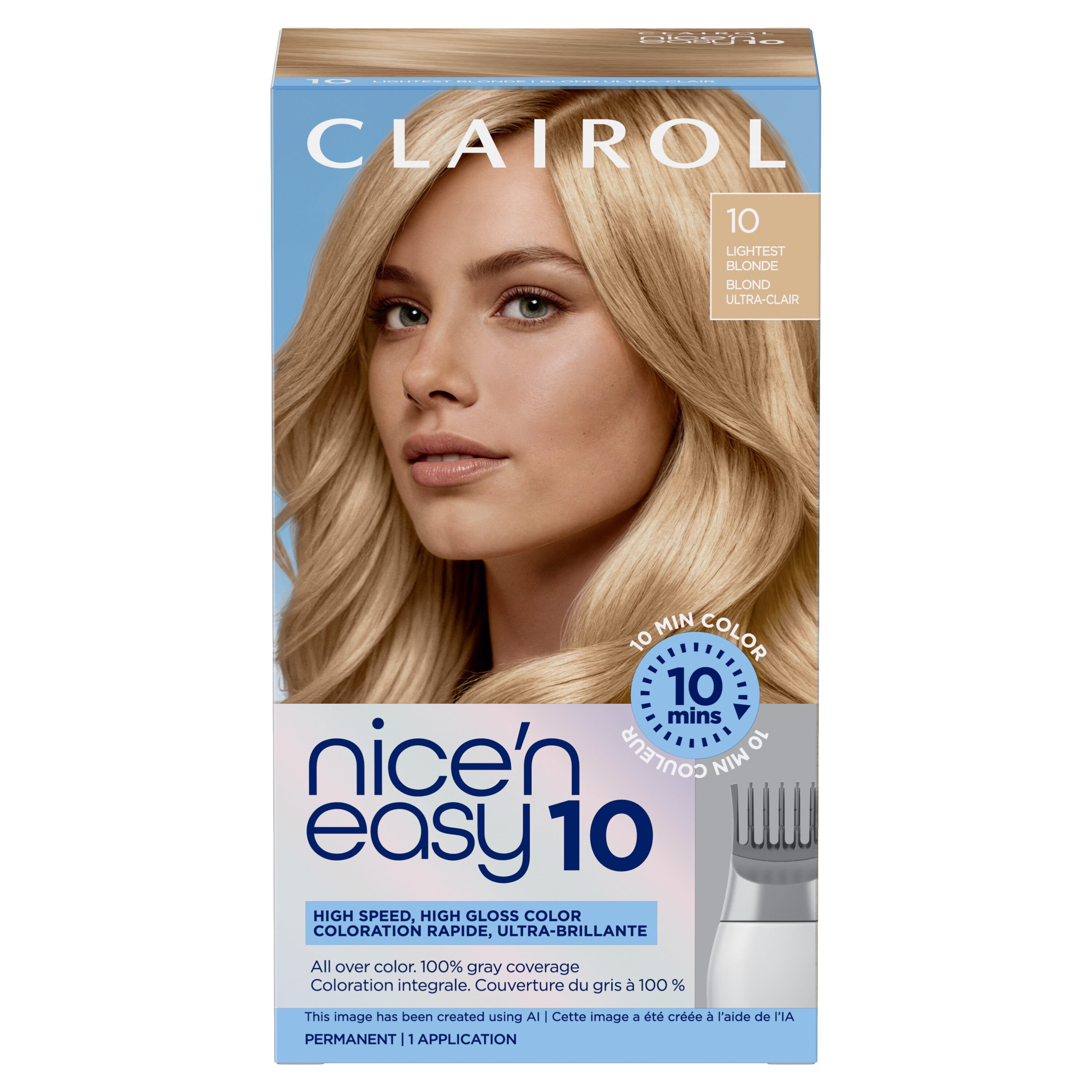 Clairol Nice'n Easy10 Permanent Hair Color Cream, 10 Lightest Blonde, Hair Dye, 1 Application