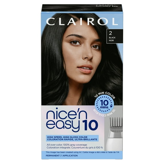 Clairol Nice'n Easy10 Permanent Hair Color Cream, 2 Black, Hair Dye, 1 Application
