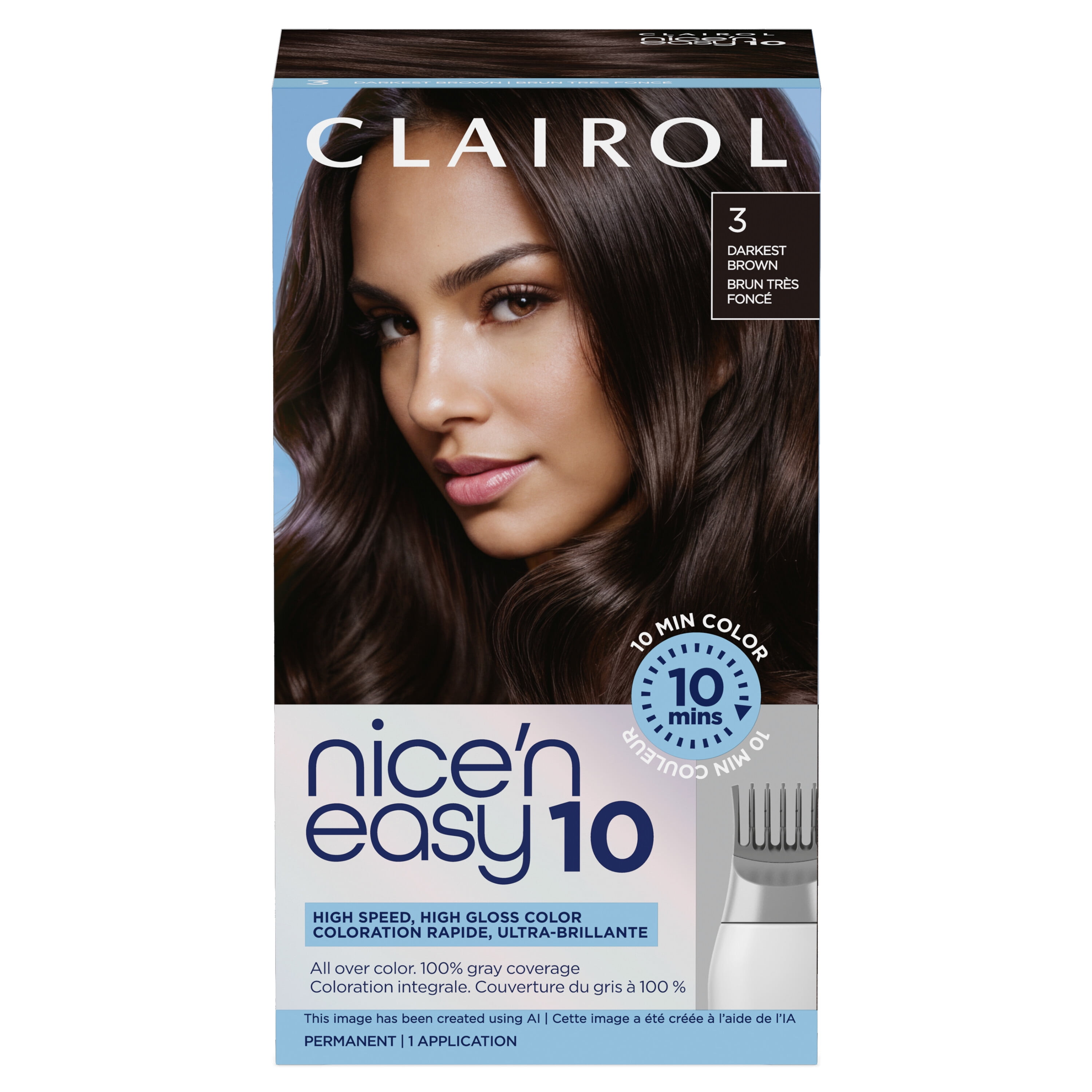 Clairol Nice'n Easy10 Permanent Hair Color Cream, 3 Darkest Brown, Hair Dye, 1 Application