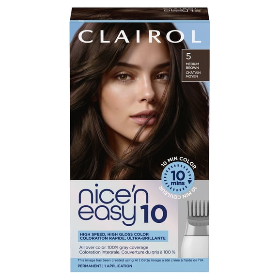 Clairol Nice'n Easy10 Permanent Hair Color Cream, 5 Medium Brown, Hair Dye, 1 Application