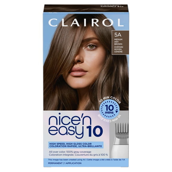 Clairol Nice'n Easy10 Permanent Hair Color Cream, 5A Medium Ash Brown, Hair Dye, 1 Application