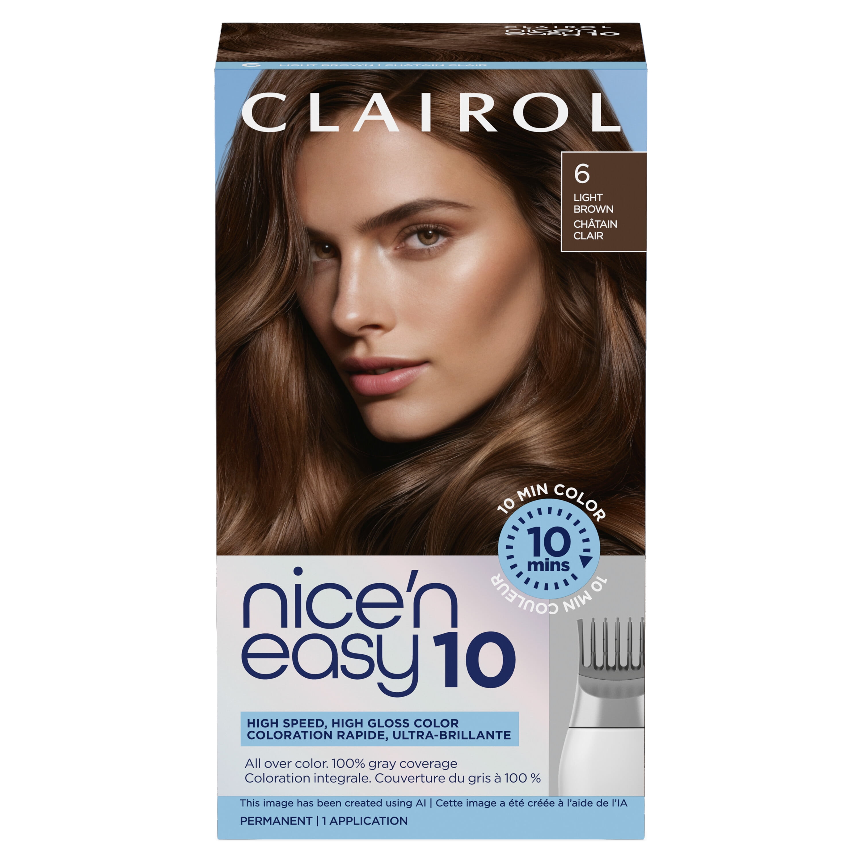 Clairol Nice'n Easy10 Permanent Hair Color Cream, 6 Light Brown, Hair Dye, 1 Application
