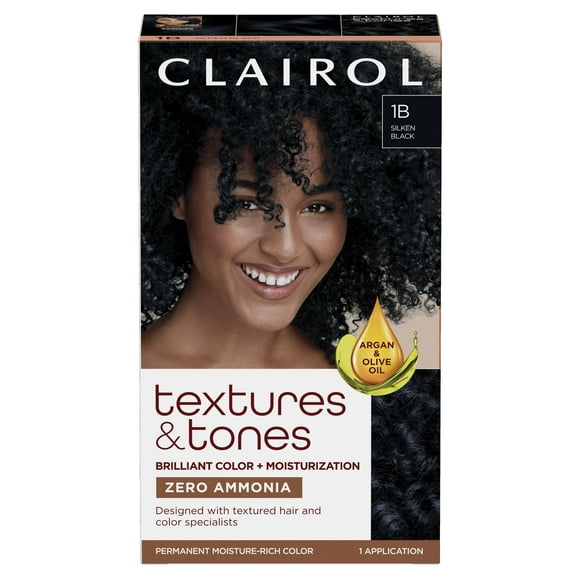 Clairol Textures & Tones Hair Dye Ammonia-Free Permanent Hair Color, 1B Silken Black