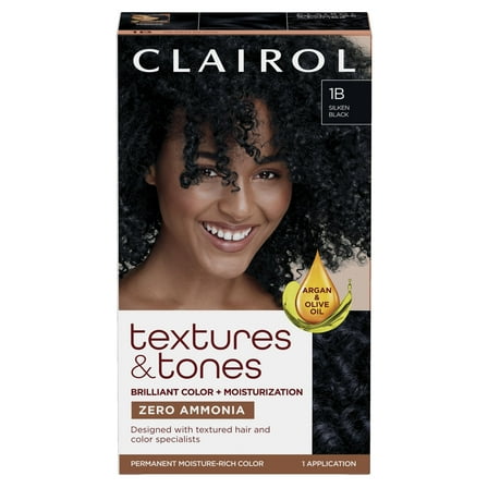 Clairol Textures & Tones Hair Dye Ammonia-Free Permanent Hair Color Creme, 1B Silken Black, 1 Application