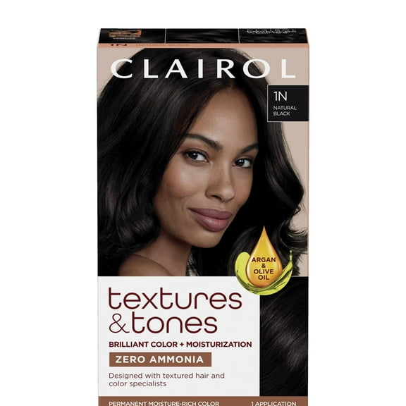 Clairol Textures & Tones Hair Dye Ammonia-Free Permanent Hair Color Creme, 1N Natural Black, 1 Application