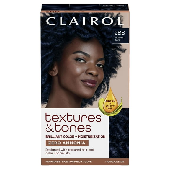 Clairol Textures & Tones Hair Dye Ammonia-Free Permanent Hair Color Creme, 2BB Midnight Blue, 1 Application