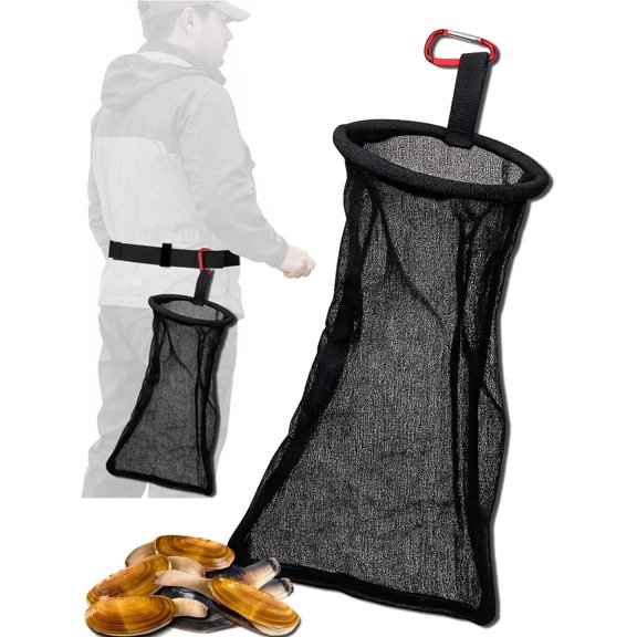 Clam Bag Mesh Waistline with Carabiner - Rigid Ring Basket Equipment Top Catch & Shell Collection Fishing Net for Razor Clamming/Diving v2 (2)