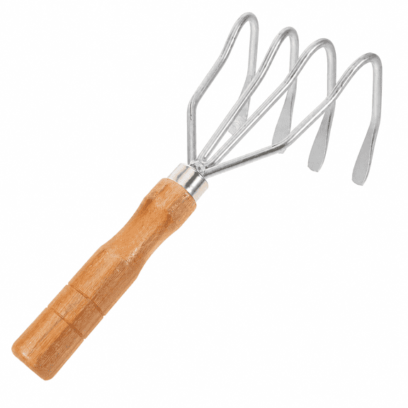 ABPETE Clam Rake Digger Tool, 4-Tine Handheld Shell Digging Rake with Wooden Comfort Grip, Stainless Steel Garden Cultivator for Beach Clamming, Weeding and Soil Loosening, 11 Inch