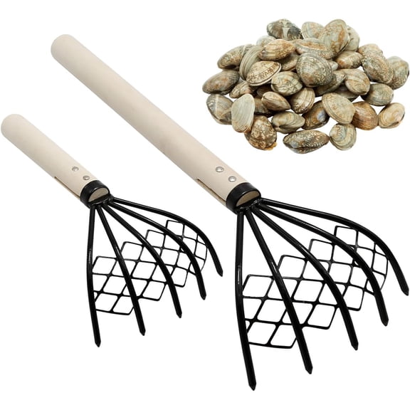 Clam Rake with Net 5 Claw Wood Handle Seafood Digging Tool for Clamming Oysters Beach Use 2 pack