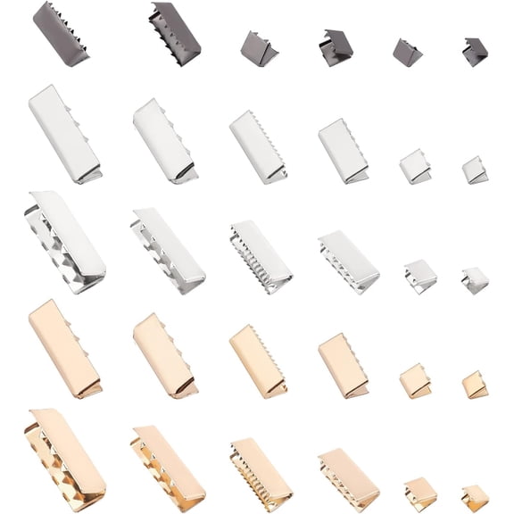 Clamp Crimp Ends 38pcs 7 Styles Brass Ribbon Crimp Ends Belt Buckle End Tip Suede End Fasteners for DIY Leather Webbing Belt Ending Clip Repair Jewelry Making Light Gold/Platinum/Gunmtal
