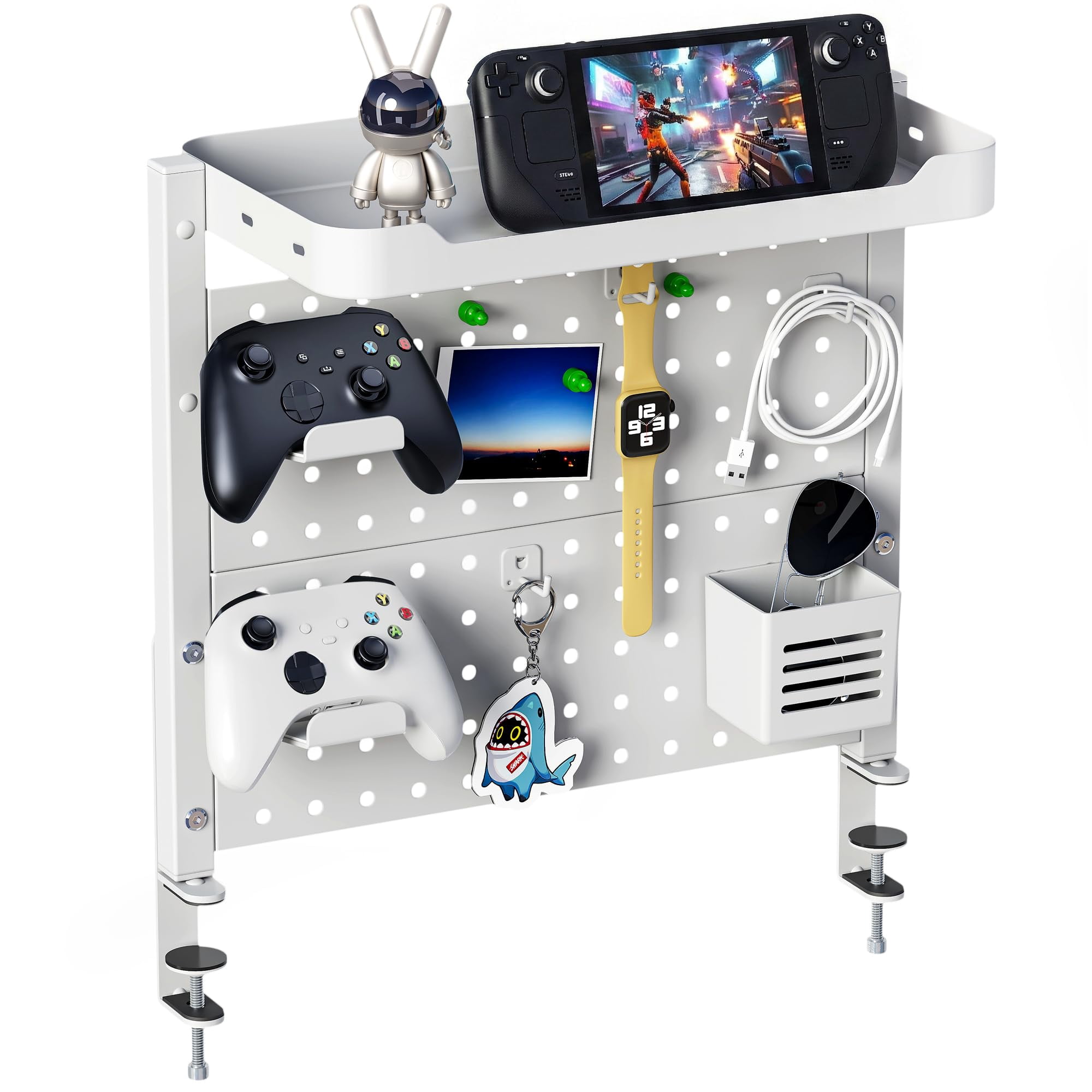 Clamp On Desk Pegboard With 16 Inches Organizer Shelf  Adjustable Above Or Under Storage Holds 44 Lbs Magnetic Metal Peg Board For Office And Gaming Accessories White