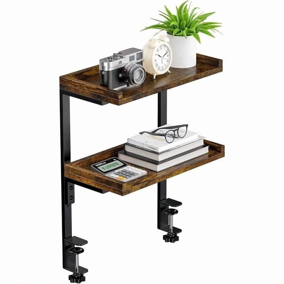 Clamp On Desk Shelf 2-Tier, 12.5 Inche Wood Shelving Unit For Office Desk/Gaming Accessories, Tabletop Book Storage Rack, Shelf For Top & Under Of Desk, Brown