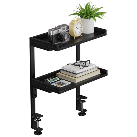 Clamp On Desk Shelf 2-Tier, 12.5 inche Wood Shelving Unit for Office Desk/Gaming Accessories, Tabletop Book Storage Rack, Shelf for Top & Under of Desk, Brown