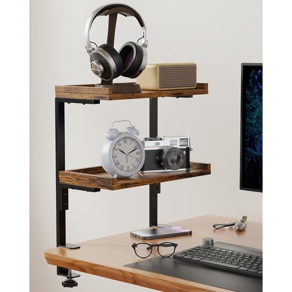 Clamp On Desk Shelf 2-Tier, 12.5 inche Wood Shelving Unit for Office Desk/Gaming Accessories, Tabletop Book Storage Rack, Shelf for Top & Under of Desk, Brown